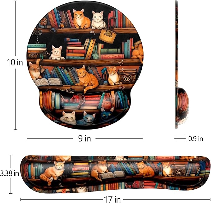 Dapesuom Keyboard Wrist Rest and Mouse Pad with Wrist Support, Cute Memory Foam Cushion for Keyboard and Mouse Set, Ergonomic Pad Rests with Non Slip Base for Easy Typing & Pain Relief, Library Cats