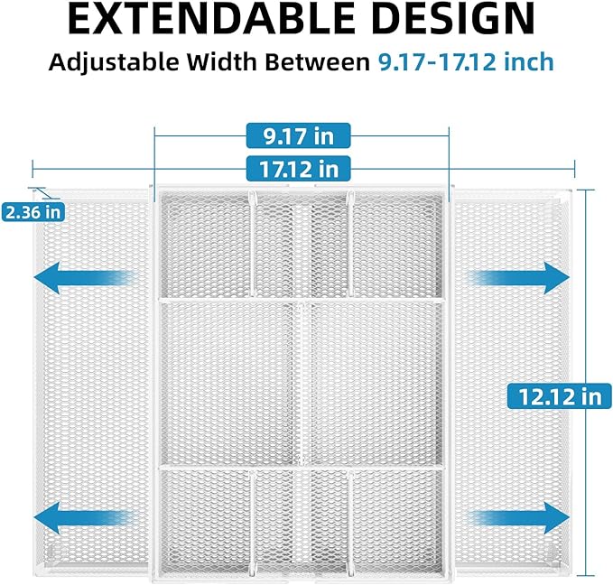 Marbrasse Expandable Desk Drawer Organizer, Mesh Drawer Organizer Tray with 10 Adjustable Compartments, Desk Organizers and Accessories for Office Supplies, Makeup & Vanity (Expandable White-2 pack)