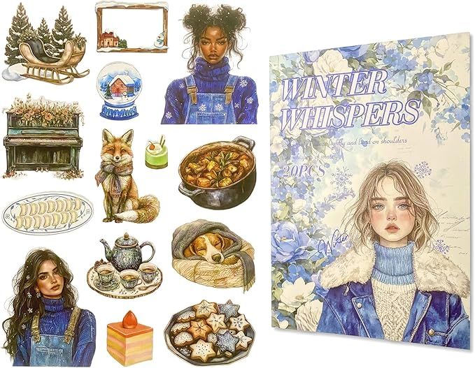 TIAMECH Winter Whispers Sticker Book - Christmas Girl Series, 20 Sheets PET & Washi Stickers for Scrapbooking, Ephemera, Waterproof Junk Journaling Supplies & DIY Crafts (Size 10.5 x 7.1in)