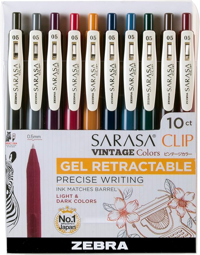 Zebra Pen Sarasa Clip Retractable Gel Pen, 0.5mm Fine Point, Light and Dark Assorted Colors, Ideal for School Supplies and Teacher Supplies, 10-Pack (49510)
