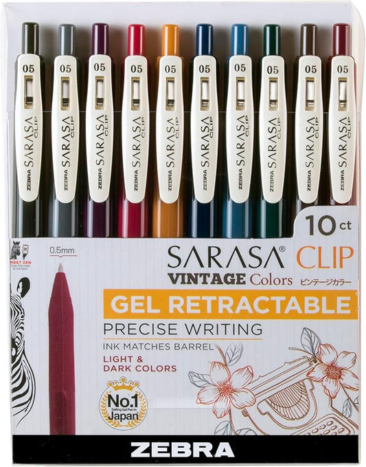 Zebra Pen Sarasa Clip Retractable Gel Pen, 0.5mm Fine Point, Light and Dark Assorted Colors, Ideal for School Supplies and Teacher Supplies, 10-Pack (49510)
