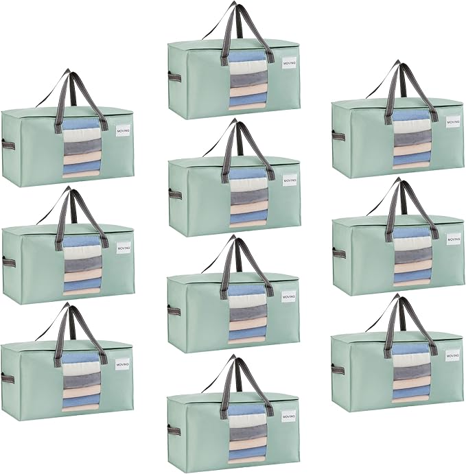 VENO 10 Pack Moving Bags, Comforter and Blanket Storage Bags for Closet, Moving Boxes, Boxes with Lids Alternative, College Dorm Packing Supplies, Foldable Heavy-Duty Tote (Light Green Matte, 10 Pack)