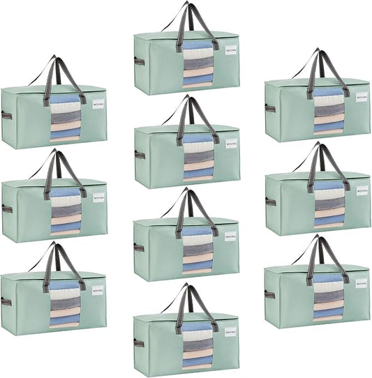 VENO 10 Pack Moving Bags, Comforter and Blanket Storage Bags for Closet, Moving Boxes, Boxes with Lids Alternative, College Dorm Packing Supplies, Foldable Heavy-Duty Tote (Light Green Matte, 10 Pack)