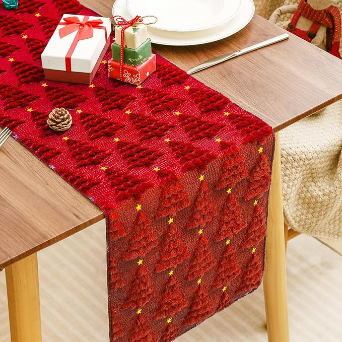 Christmas Table Runner 13x72 Inch, Xmas Trees Star Winter Holiday Decorative Farmhouse Table Decorations for Kitchen Dinning, Indoor Outdoor Dinner Party Decor (Red) 1 Pack