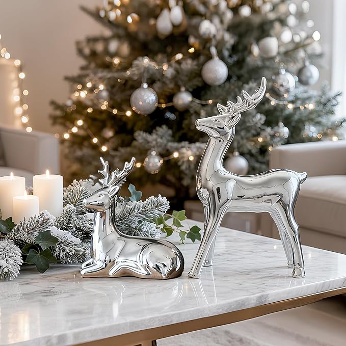 WDS WONDROUS Christmas Decorations Reindeer Figurines, Set of 2 Silver Deer Figurines Decor, Modern Xmas Reindeer Statue Indoor for Living Room Bedroom Office Christmas Village Shelf Winter Decor