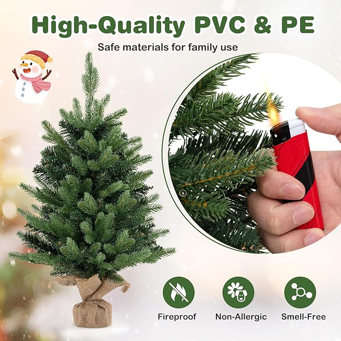 HAPPYGRILL 2 FT Tabletop Christmas Tree, Battery Operated Artificial Xmas Tree with 35 Warm White LED Lights, Small Spruce Fir Tree with 234 Tips and Solid Cement Base for Home Decor