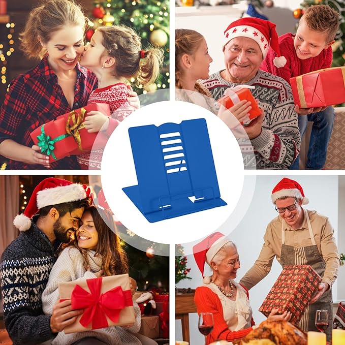 MSDADA Desk Book Stand Metal Reading Rest Book Holder Adjustable Cookbook Documents Holder Portable Sturdy Bookstands for Recipes Textbooks Tablet Music Books with Page Clips (Blue)