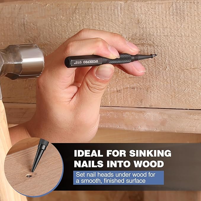 WORKPRO 4-Piece Nail Punch and Center Punch Set, Hardened Cr-V Steel with Knurled Grip,1/32", 1/16", 3/32" Nail Setter & 1/32" Center Punch Tool