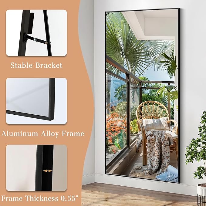 Large Size Full Length Mirror with Stand, 71"x32" Free-Standing Leaning Wall-Mounted Mirrors, Elegant Body Mirror for Living Room, Bedroom & Cloakroom, Black