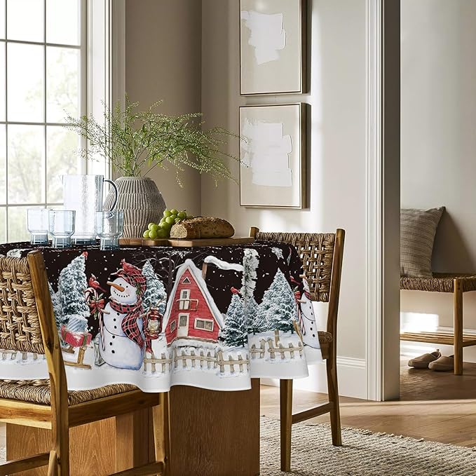 Horaldaily Christmas Tablecloth 60×60 Inch Round, Winter Snowman House Christmas Trees Black Washable Table Cover for Party Picnic Dinner Decor