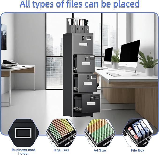 METAN Upgrade Metal 4 Drawer Files Cabinet for Home Office,Lockable Steel File Storage Cabinet with 4 Locks for Hanging Legal/Letter A4 Size, Assembly Required,Black