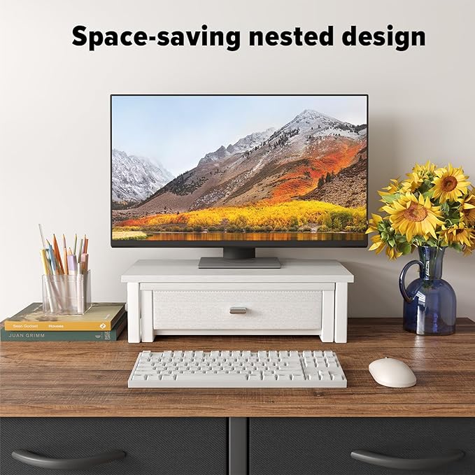WOHOMO Dual Monitor Stand Riser with Drawers, Desk Organizers for 2 Monitors, Desktop Storage Stand for Computer,Laptop,White