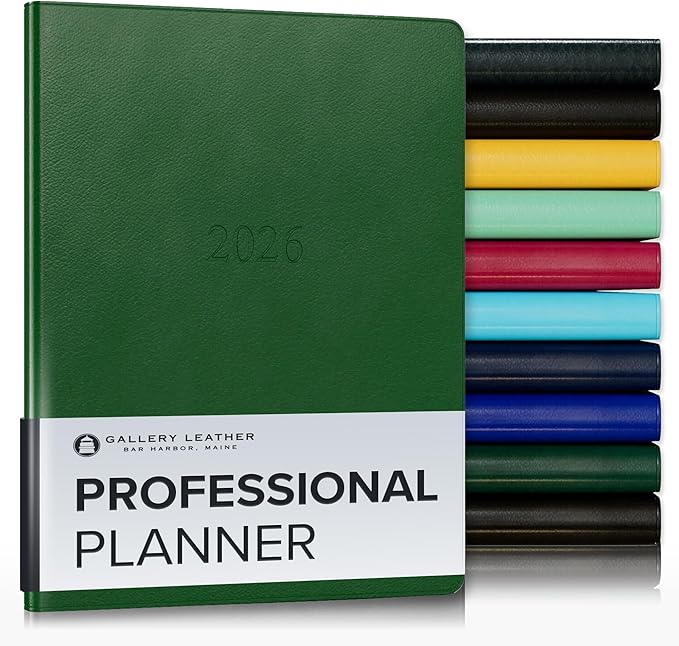 Gallery Leather Professional Weekly Monthly Planner 2026, Elegantly Bound Calendar Planner and Notebook with Stylish Gold-Gilded Page Edges, 12 Months - Monhegan Emerald - 9 x 7 "