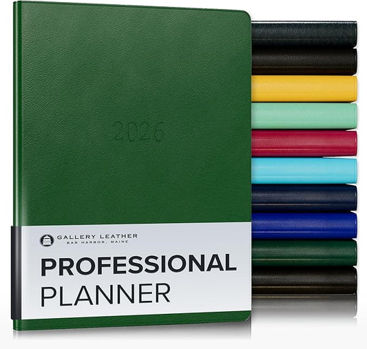 Gallery Leather Professional Weekly Monthly Planner 2026, Elegantly Bound Calendar Planner and Notebook with Stylish Gold-Gilded Page Edges, 12 Months - Monhegan Emerald - 9 x 7 "