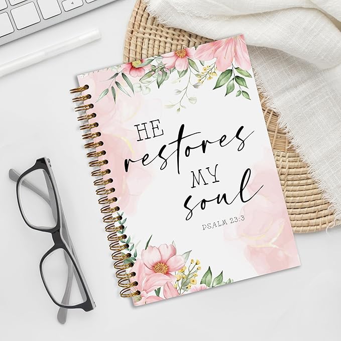 Bible Notebook, A5 Spiral Christian Journal with Floral Pink Butterfly Notebook, Bible Verse-He Restores My Soul, Inspirational Notebooks for Women, Bible Study, Gift for Birthday Christmas, Office Supplies (Light pink)