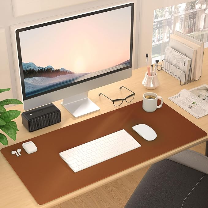 Roslim Leather Desk Pad Protector,Mouse Pad,Non-Slip Computer Mat for Desk,PU Leather Office Desk Mat for Home & Office,Waterproof Laptop Desk Blotter for Keyboard and Mouse,Brown (15.7''X31.5'')