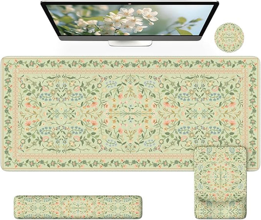 iCasso Mouse Pad with Wrist Rest,Large Desk Mat Set,Ergonomic Keyboard Pad with Wrist Support,Non-Slip Mouse Mat for Women,Cute Floral Computer Mat for Home Office Gaming (Light Green)
