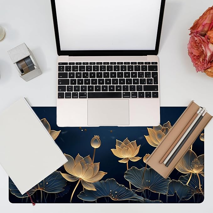 Desk Pad,Luxury Golden Lotus Line Arts Desk Mat,Dark Blue Background Large Gaming Mouse Pad for Desk,31.5"x15.7" Extended Big Computer Keyboard Mouse Pad with Non-Slip Base and Stitched Edge