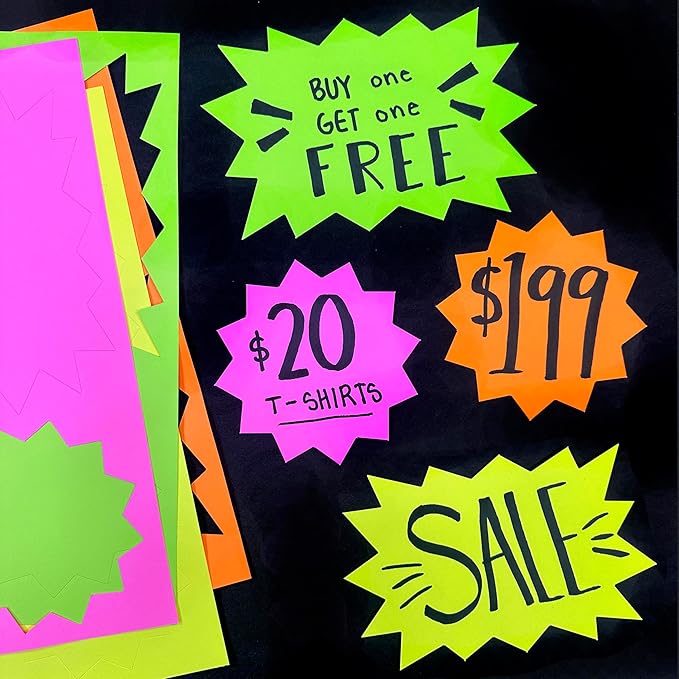 80 pcs Starburst Signs NEON Star Shaped Blank Sale Tags in 2 Sizes for Retail Sales, US Made Card Stock Punch Out Signs Ideal for Garage Sale Yard Sale Bulletin Board Decorations, Party Name Tags
