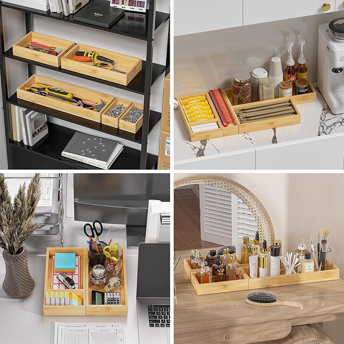 Bamboo Kitchen Drawer Organizer, Stackable Utensil Holder Silverware Organizer Cutlery Tray - 2PCS Organizer Bins for Makeup Jewelries Flatware in Bathroom, Office Desk, Cabinets, 15x6x2 inch