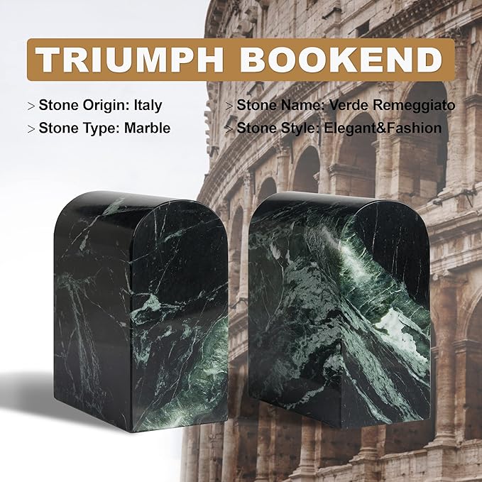 Koville Italian Natural Marble Bookends for Shelves, 13LBS Ultra Non-Slip Book Ends, Heavy Duty Marble Book Holders Organizer, Bookshelf Apartment Decor for Movies/CDs/Video Games(Verde Remeggiato)