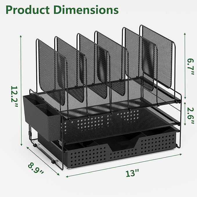 Desk Organizer, Office Organization with Vertical File Holder, File Organizer with Drawer and Pen Holder, Desk Accessories and Workspace Organizers for Home Office (Black)