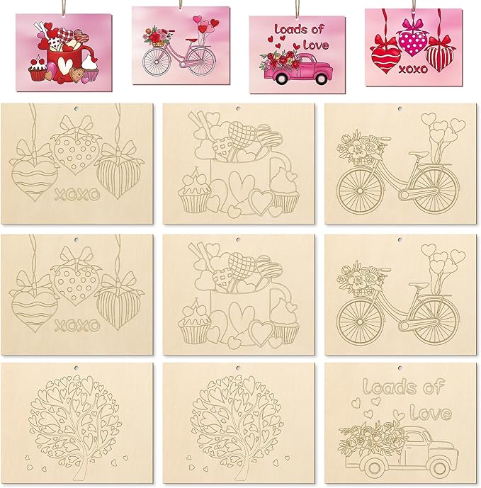 COCHIE 10 Pieces Large Valentine's Day Unfinished Wood Crafts to Paint for Kids Adults, Bulk Predrilled Wooden Ornaments for Painting, Heart Pattern Paintable Wood Slices Craft Supplies with Ropes