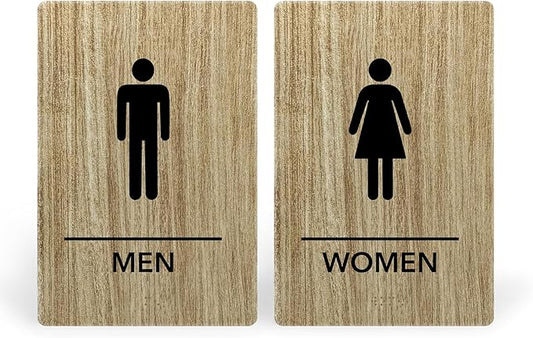 Promot Men and Women Restroom Sign – ADA Braille Bathroom Sign for Business, Self-Adhesive, 9" x 6", Commercial Door Signage, Office Wall Decor - Almond