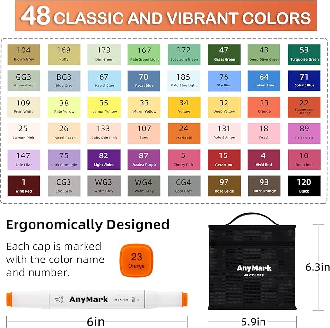 AnyMark Alcohol Markers, 48 Colors Dual Tip Art Coloring Markers Set for Kids Adult Book Drawing Sketching Painting, Chisel & Fine, White Penholder