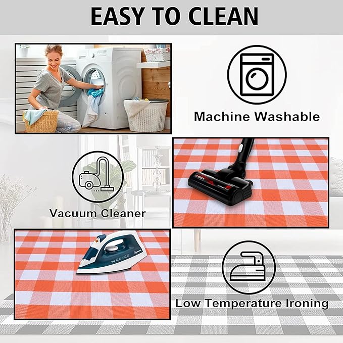 Orange and White Plaid Rug, 24'' x 51'' Fall Front Door Decor Mat, Cotton Washable Hand-Woven Door mat for Layered Doormat, Autumn Halloween Thanksgiving Carpet for Porch, Entryway