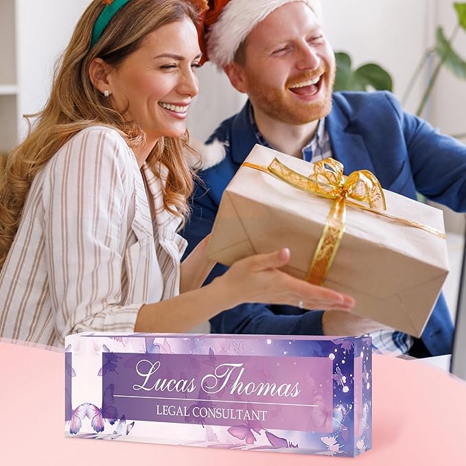 Custom Name Plate for Desk, Personalized Acrylic Office Name Sign with Name & Title, Elegant Desk Decor for Women Men, Employee Appreciation Gift (Purple Butterfly)