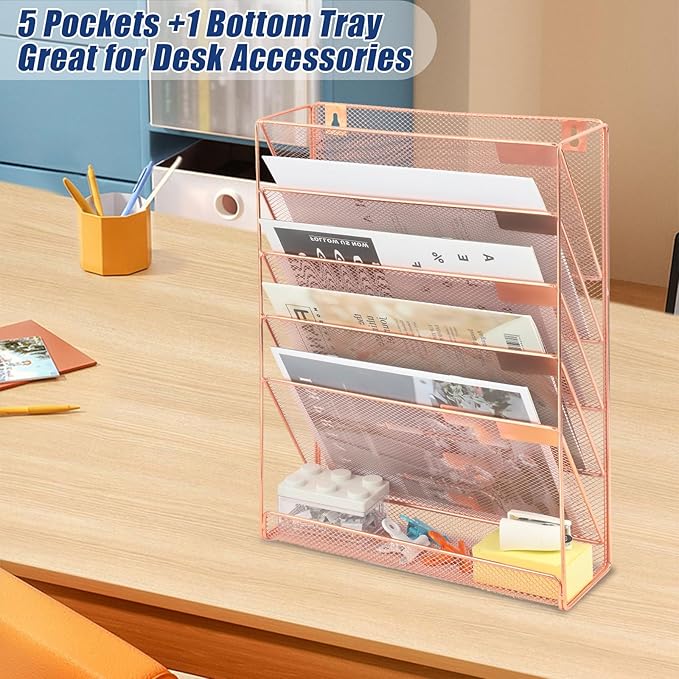 EASEPRES Desk File Organizer Mesh 6-Tier, Hanging Wall Mount Document Organization Stand, Desktop Vertical Mail Paper Folder Holder Rack with Bottom Tray for Office Home Cubicle Countertop, Rose Gold