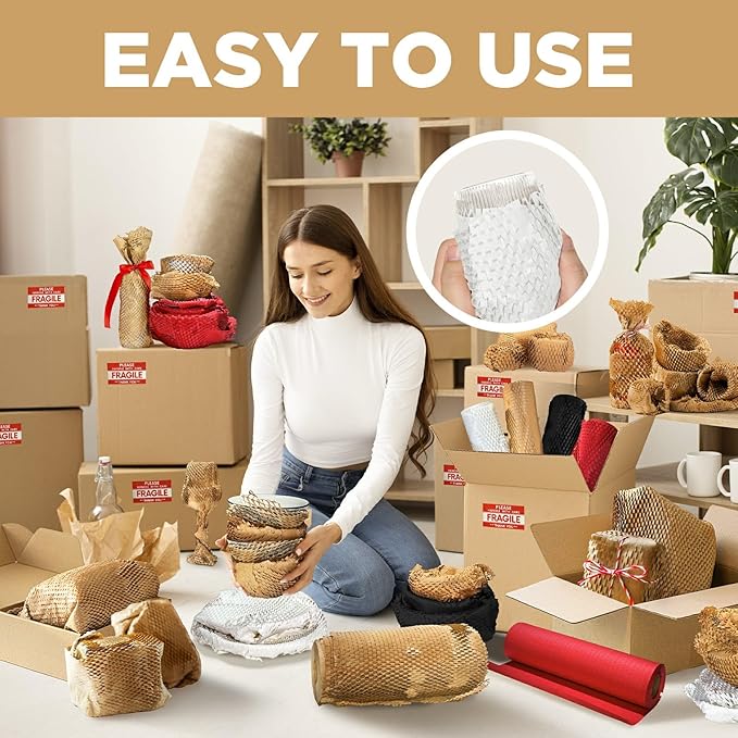 Honeycomb Packing Paper, 12"x200' White | Perforated Honeycomb Packing Paper Recyclable Moving Supplies for Shipping & Moving | Plastic-Free Alternative to Bubble Cushion Wrap with 36 Fragile Stickers