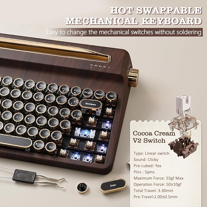 YUNZII QL75 Wireless Typewriter Hot Swap Retro Mechanical Keyboard,Punk Round Keycaps,RGB Backlit QMK/VIA Programmable, Multi-Device Keyboard with 2.4GHz/Type-C/BT5.0 (Wood, Cocoa Cream V2 Switch)