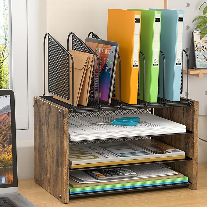4-Tier Desk Organizer, Desk File Organizer with 5 Vertical File Holders, Office Desktop Organizer with 3 Level Paper Organizer Letter Tray, Wooden Desk Organizers and Accessories for Home Office