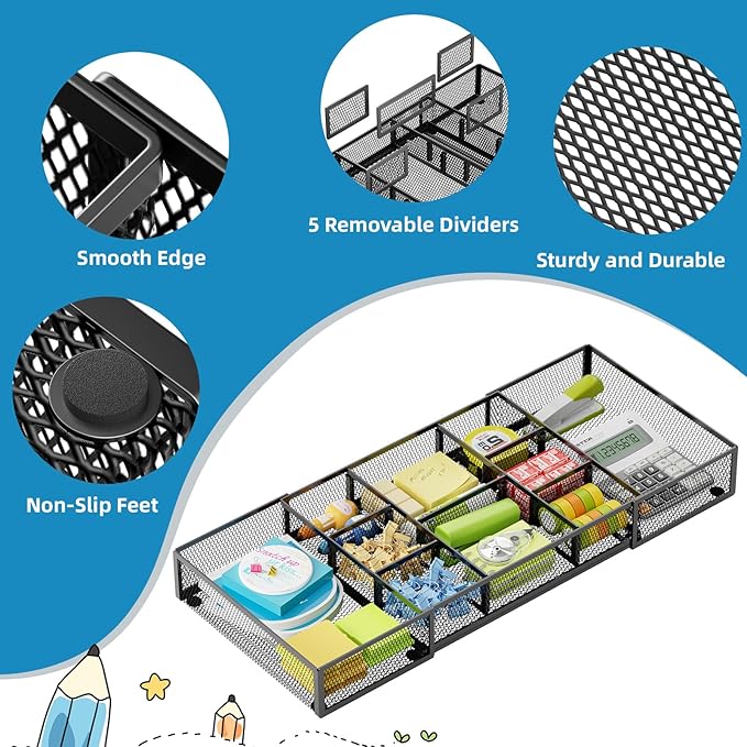 Marbrasse Expandable Desk Drawer Organizer, Mesh Drawer Organizer Tray with 10 Adjustable Compartments, Desk Organizers and Accessories for Office Supplies (Longer Expandable Drawer Organizer-B)