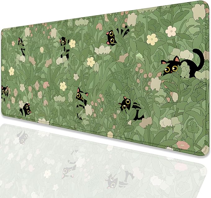 Cute Cats Desk Pad Mouse Pad,Sage Green Plants Flowers Floral Mouse Mat Large,Stitched Edges Non-Slip Waterproof Rubber Base Mous Mat for Office Home Work Gaming(27.5X11.8 in)