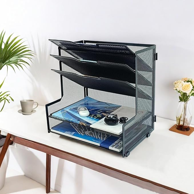 5 Tier Metal Mesh Desk Organizer, Office Desktop File Organizer, Paper Tray Organizer for Home Office Furniture, Black