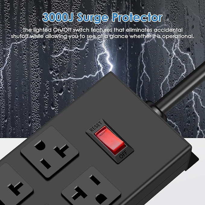 JUNNUJ Heavy Duty 20 Amp Power Strip, Garage 6 Outlets Metal 12 Gauge Surge Protector 3000J, High Amp 5-15P Adapter Shop 6-20R T-Slot Industrial (6AC, 4FT)