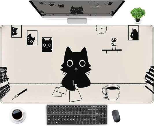 Aesthetic Beige White Anime Desk Mat Mouse Pad Cute Kawaii Minimalist Black Cartoon Cat XXL Large Extended Gaming Mousepad Desk Pad, PC Laptop Keyboard and Mouse Mat for Women Desk 31.5x15.75 in