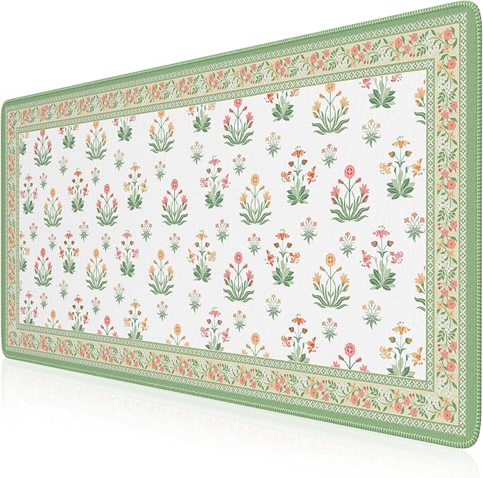 iCasso Desk Cover Mat, Extra Large Floral Mouse Pad, Desk Pad Mat,Office Matt for Desktop Protector, Anti-Slip XXL Big Mousepad with Stitched Edges for Laptop Computer Keyboard(White)