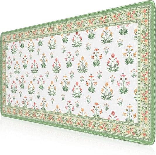 iCasso Desk Cover Mat, Extra Large Floral Mouse Pad, Desk Pad Mat,Office Matt for Desktop Protector, Anti-Slip XXL Big Mousepad with Stitched Edges for Laptop Computer Keyboard(White)