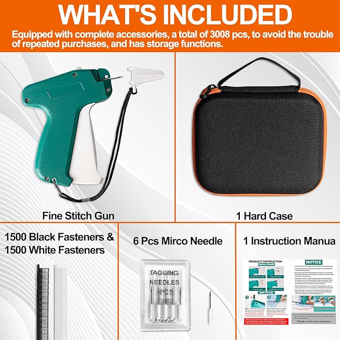 Stitch Gun for Clothes with Case, Mini Stitch Gun for Clothes, Quick Clothing Fixer, Quilting Hemming Gun Kit with 6 Needles, 1500 White & 1500 Black Fasteners (Standard)