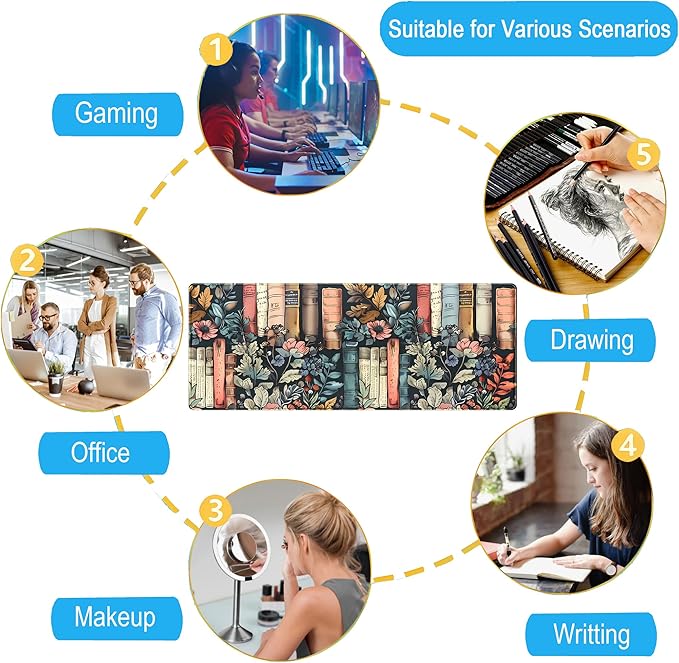 Flowers Desk Pads Gaming Desk Mat Large Keyboard Mouse Pad XL, Book Elements Computer Desktop Mats, Extended Full Laptop Mouse Mat, Office & Home Decor for Women Desk Aesthetic 31.5" x 11.8"