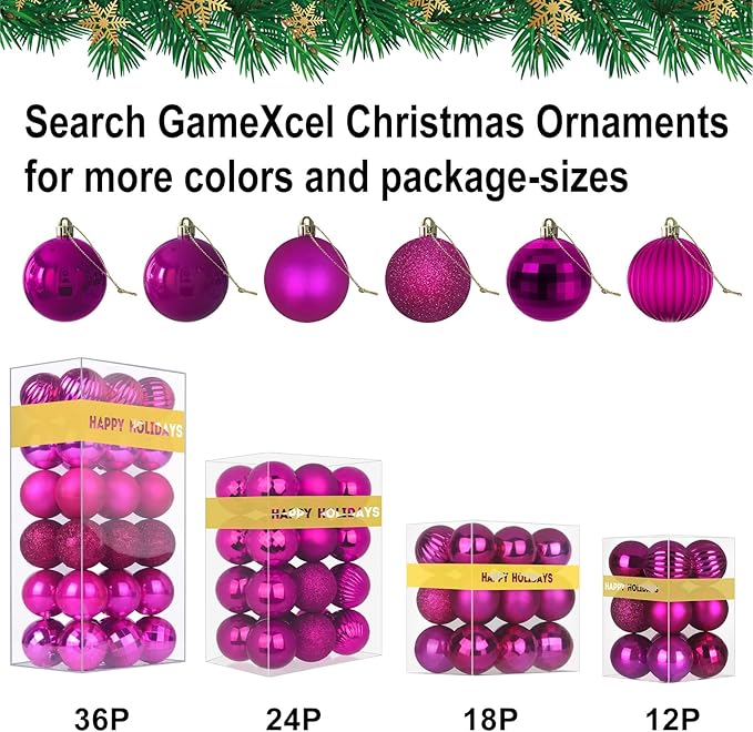 Fuchsia 1.6" Small Christmas Balls Christmas Tree Decoration Ornaments Shatterproof Hanging Balls for Birthday Halloween Holiday Wedding Decorations Set of 24pcs