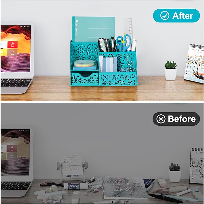 EasyPAG Pen Holder Desk Organizer with Drawer Pencil Cup for Desk 6 Compartments Metal Office Caddy Storage with Sticky Notes Holder for School Home Office, Dark Teal