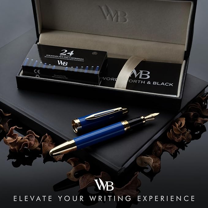 Wordsworth & Black Majesti Fountain Pen-(Blue), Luxury Case, 24K Gold Finish; 18K Gilded Medium Nib- Ink Cartridges, Refillable Ink Converter-Calligraphy Pen-Best Business Gift Set for Men & Women