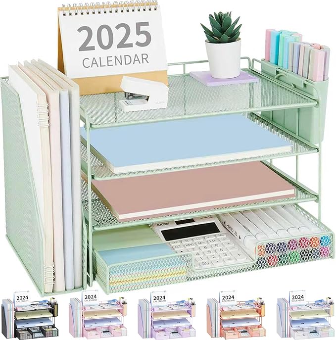 OPNICE Desk Organizer and Accessories, 4-Tier Desktop File Organizer with Drawer and 2 Pen Holders, Office Desk Accessories, File Sorters, Workspace Organizers for Office Supplies(Green)