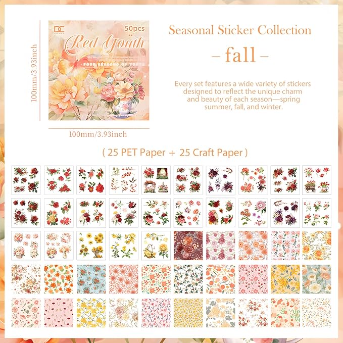 Snycler Scrapbooking Supplies, Vintage Journaling - 25 Sheets PET & 25 Sheets Paper Stickers, DIY Craft Stickers for Junk Journals, Ephemera Sticker Book, Red Flower Themes, Pre-Cut Designs
