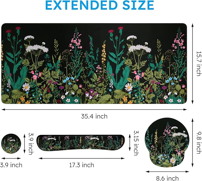 iCasso Large Mouse Pad, Mouse Pad Wrist Support Set,4in1 XXL Large Mousepad + Keyboard Wrist Rest+Mouse Wrist Rest+Coaster Set with Ergonomic Design for Home Office Table Computer-Weeds